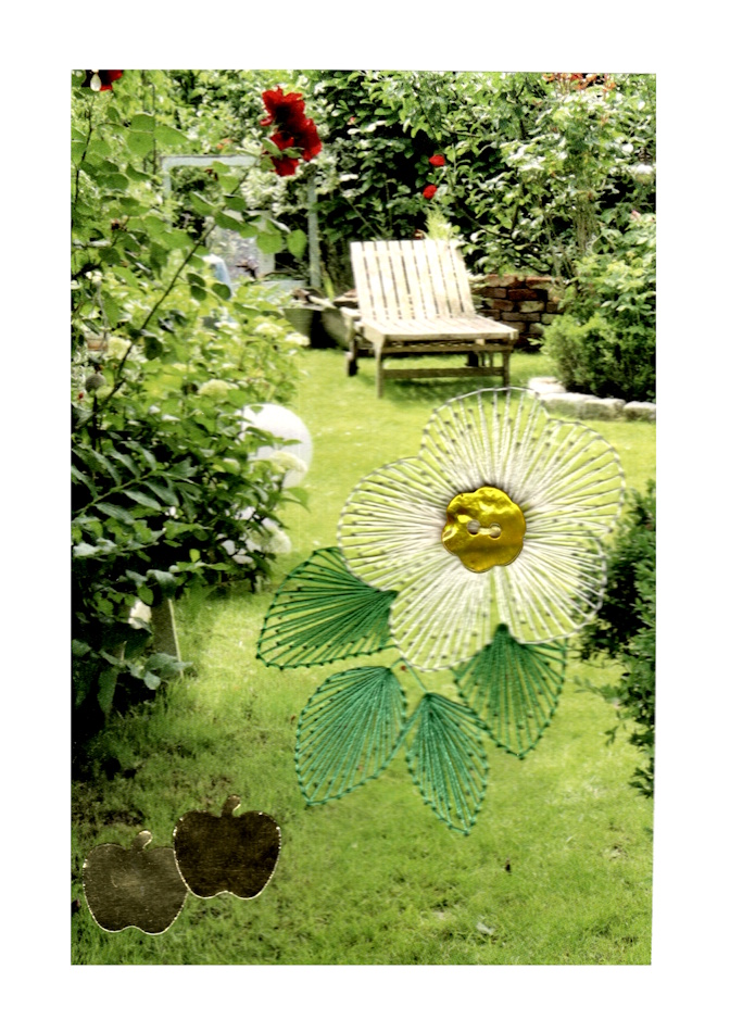 Designerkarte, Designer Karte, Grafik, Kunst, Fadenbild, Fadengrafik, kunstvoll, exklusive Faltkarte, Faltkarte, Grußkarte, Fadentechnik, moderne Kunst, Design, Garten, Sträucher, Büsche, Liegestuhl, Apfelblüte,