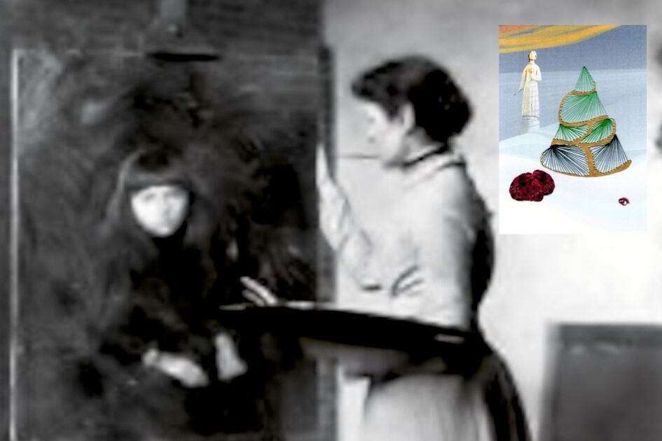 Grußkarte, Fadendesign, Kunstkalender, Lilla Cabot Perry, Tannenbaum im Winter, heilige Agatha, Atelier, Leinwand,