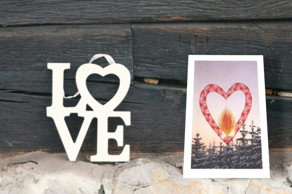 Grußkarte, Fadendesign, Holzwand, Flaming Heart,