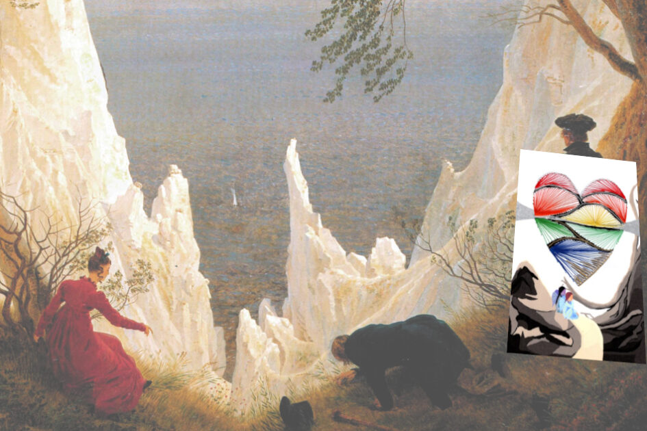 Grußkarte, Fadendesign, Kreidefelsen auf Rügen, Caspar David Friedrich, Romantik, Zwei Engel betrachten einen Baum