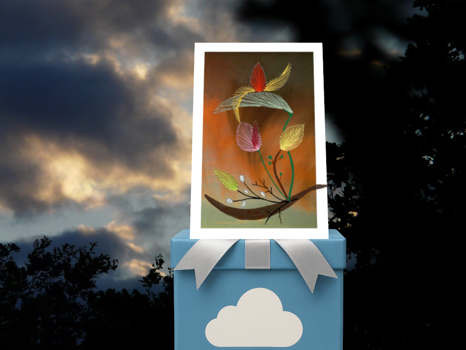 Grußkarte, Fadendesign, Dämmerung, Himmel, schwarze Pflanzen, blaue Geschenkbox, Wolke, Geschenkband Silber,