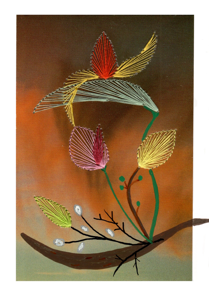 Designerkarte, Designer Karte, Grafik, Kunst, Fadenbild, Fadengrafik, kunstvoll, exklusive Faltkarte, Faltkarte, Grußkarte, Fadentechnik, moderne Kunst, Design, Ikebana, Sonnenuntergang, Flamme, Schale