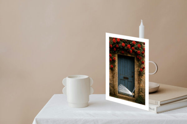 Grußkarte, Fadendesign, Kerzen, weiße Tischdecke,