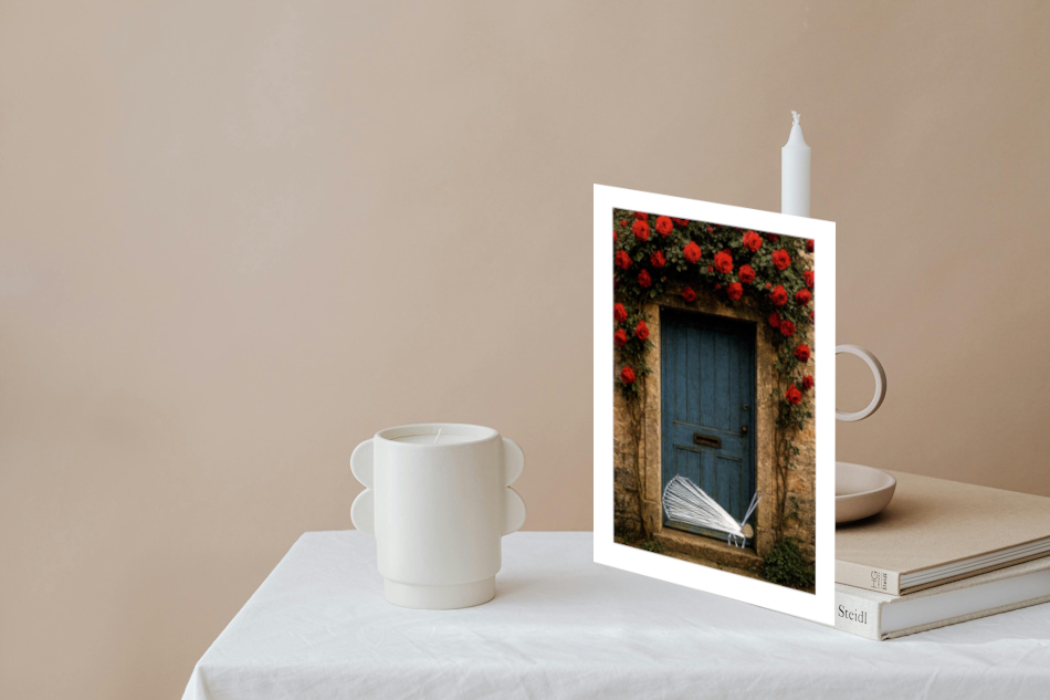 Grußkarte, Fadendesign, Kerzen, weiße Tischdecke,