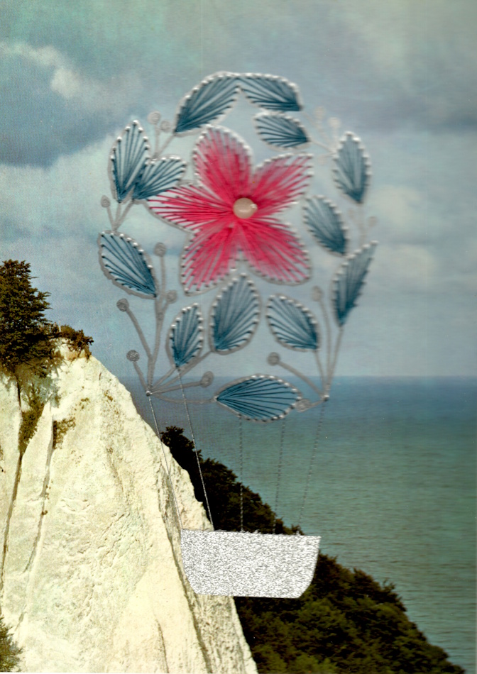 Designerkarte, Designer Karte, Grafik, Kunst, Fadenbild, Fadengrafik, kunstvoll, exklusive Faltkarte, Faltkarte, Grußkarte, Fadentechnik, moderne Kunst, Design, Ballon, Kalkstein, Meer, Blüte, Blätter,