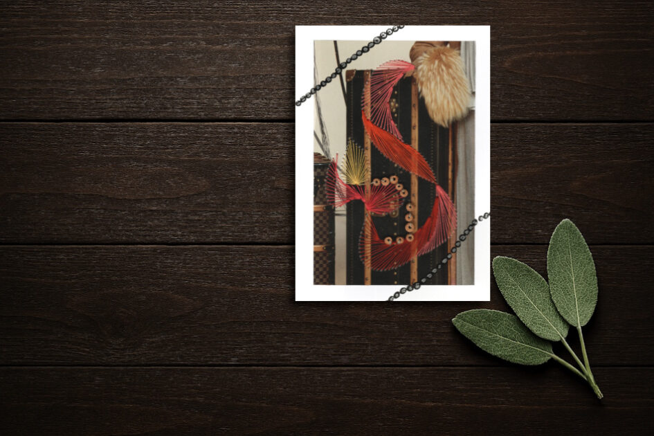 Grußkarte, Fadendesign, Tisch, dunkelbraun, Salbeiblätter