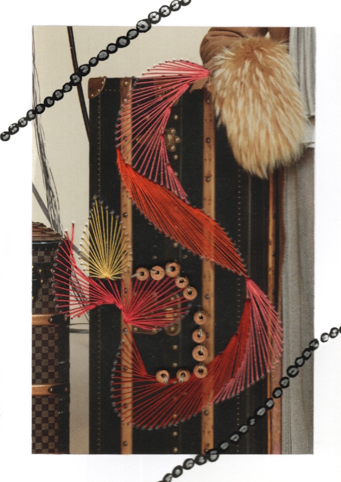 Designerkarte, Designer Karte, Grafik, Kunst, Fadenbild, Fadengrafik, kunstvoll, exklusive Faltkarte, Faltkarte, Grußkarte, Fadentechnik, moderne Kunst, Design, Tafelbild, Koffer, Kerze