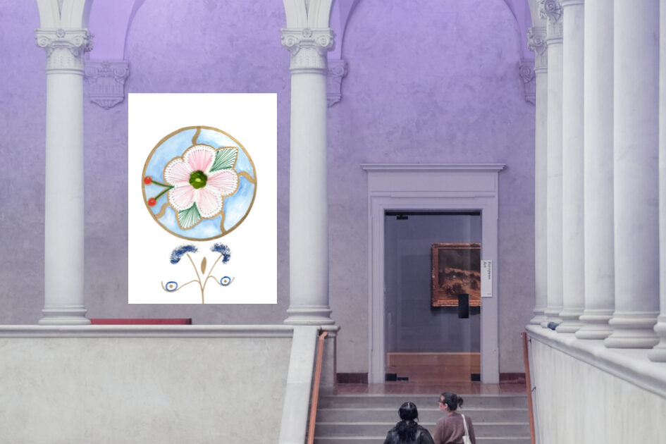 Grußkarte, Fadendesign, Museum, violett, Säulen, Weißdorn