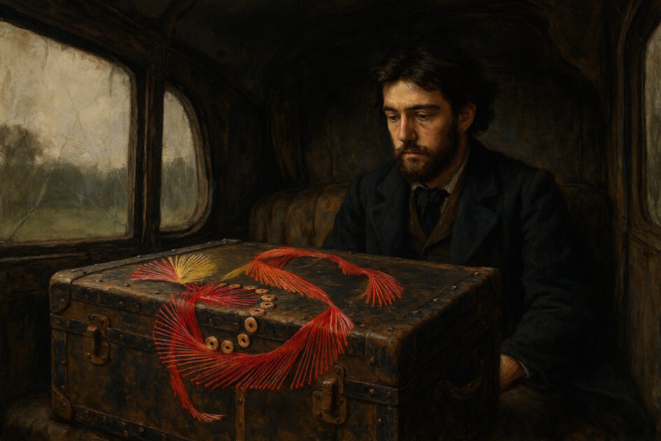 Grußkarte, Fadendesign, Claude Monet, Koffer, bestickter Koffer, Zug,