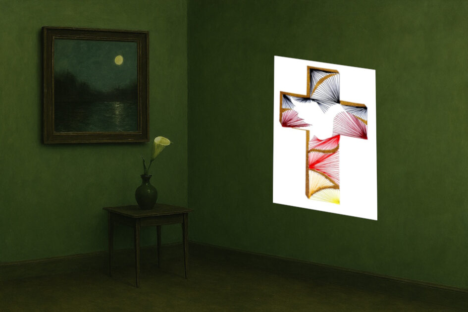 Grußkarte, Fadendesign, grüner Raum, Gemälde, See, Mond, Flaming Heart