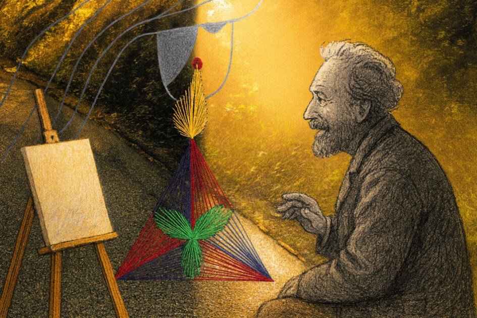 Grußkarte, Fadendesign, goldenes Licht, abstrakte Kunst, Dreieck, Kleeblatt, Constant Troyon,