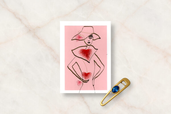 Grußkarte, Fadendesign, Marmoroptik, Goldene Haarspange, blauer Edelstein