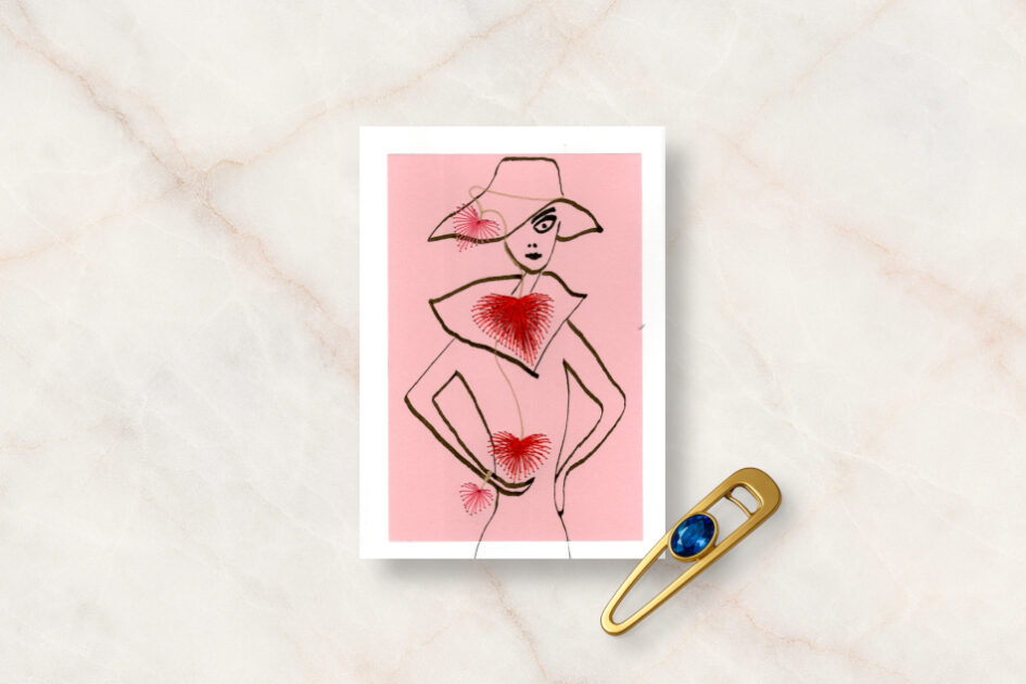 Grußkarte, Fadendesign, Marmoroptik, Goldene Haarspange, blauer Edelstein