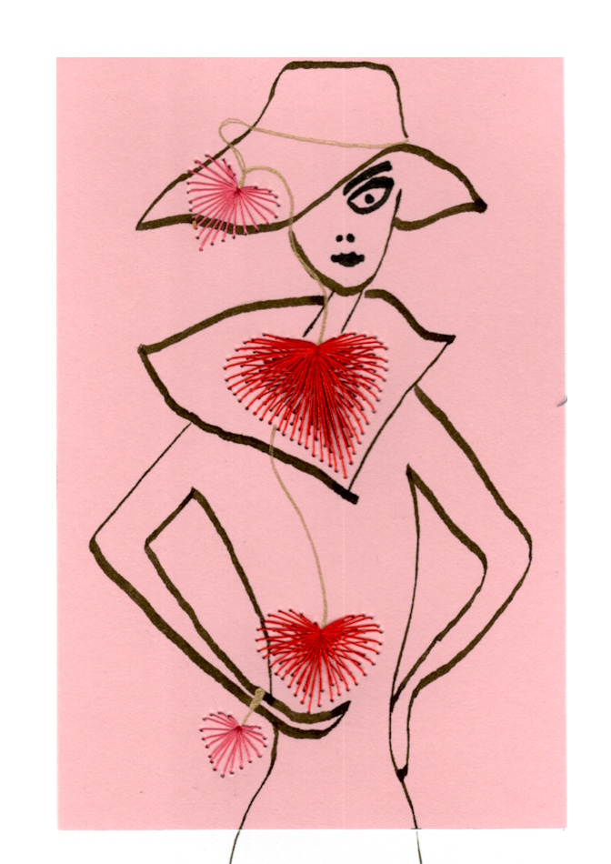 Designerkarte, Designer Karte, Grafik, Kunst, Fadenbild, Fadengrafik, kunstvoll, exklusive Faltkarte, Faltkarte, Grußkarte, Fadentechnik, moderne Kunst, Design, Tafelbild, Hut, Mädchen, Rot, Herz,