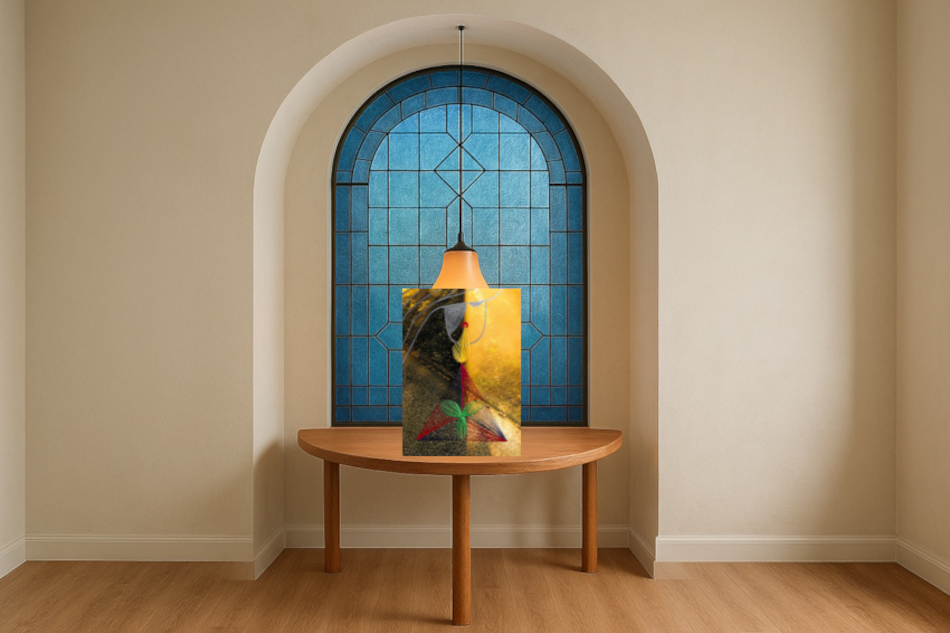 Grußkarte, Fadendesign, heller Raum, Bogenfenster, Buntglas, orangenes Licht, Halber Tisch, Parkettboden,