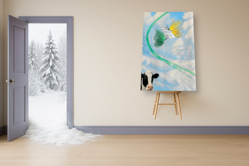 Grußkarte, Fadendesign, heller Raum, Surreal, Stuhl, Winter, Schnee, violette Tür