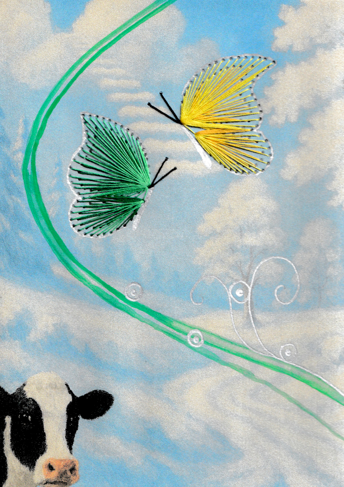 Designerkarte, Designer Karte, Grafik, Kunst, Fadenbild, Fadengrafik, kunstvoll, exklusive Faltkarte, Faltkarte, Grußkarte, Fadentechnik, moderne Kunst, Design, Tafelbild, Kuh, Surrealismus, Himmelstreppe,