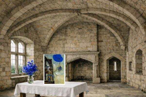 Grußkarte, Fadendesign, Innenarchitektur, schottische Burg, Schottischer Himmel, blaue Blumen,
