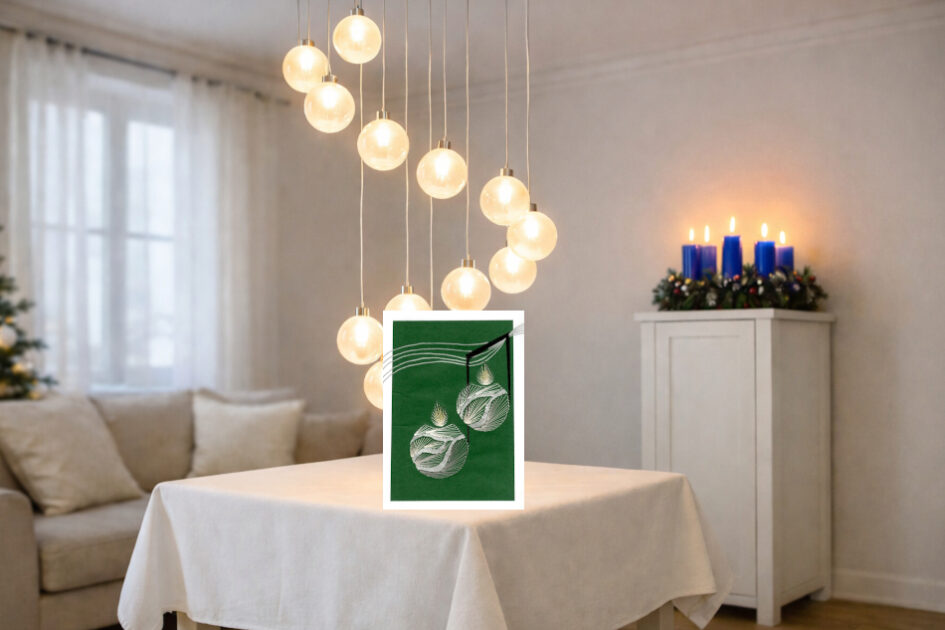 Grußkarte, Fadendesign, heller Raum, Weihnachtsmusik, blaue Adventskerzen