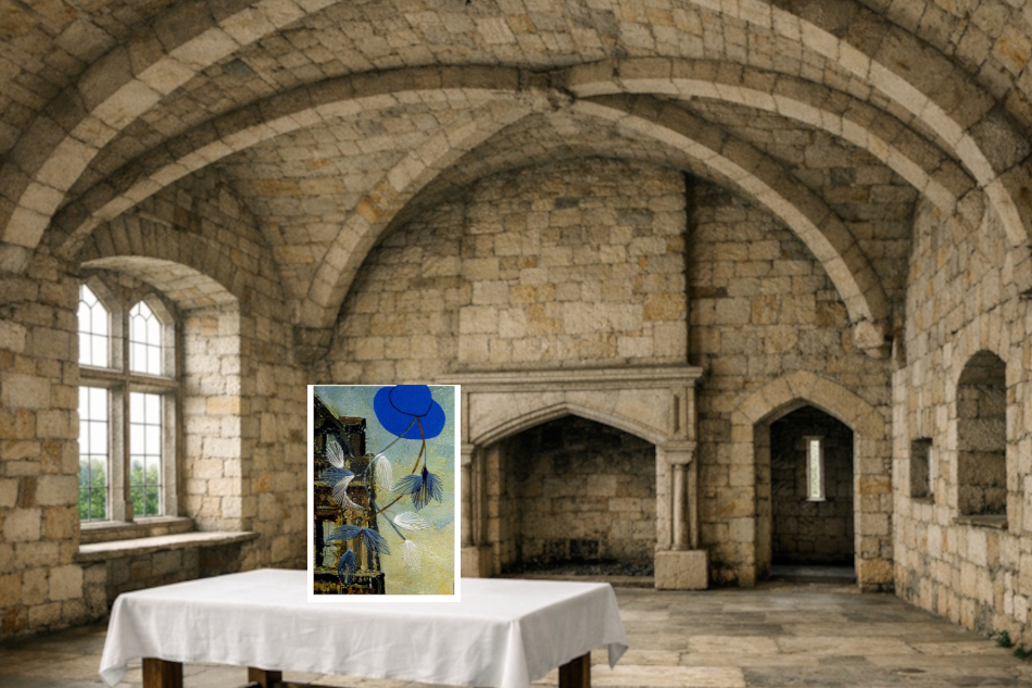 Grußkarte, Fadendesign, Burg, alter schottischer Burginnenraum, Tisch,